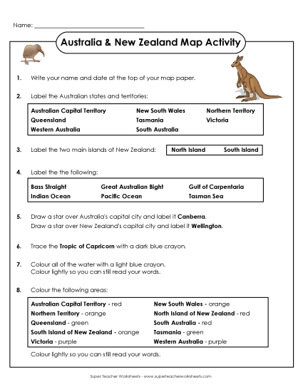 Maps of Australia - Australia & NZ Map with Directions (Printable PDF Worksheet)