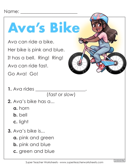 Passages with Basic Reading Comprehension Questions - Ava's Bike (Printable PDF Worksheet)