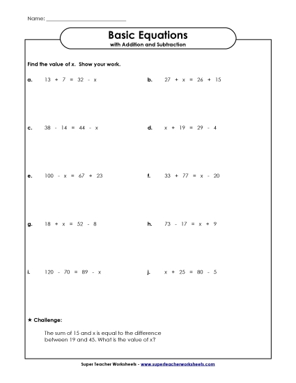 Solving for Variables Addition & Subtraction Only - Balancing Equations (Addition/Subtraction Only) (Printable PDF Worksheet)