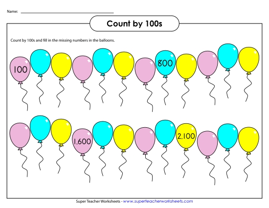 Balloons - Count by 100s (Printable PDF Worksheet)
