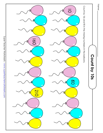 Balloons - Count by 10s (Printable PDF Worksheet)