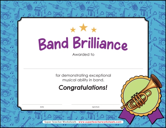 Music Awards - Band Brilliance Award (Printable PDF Worksheet)