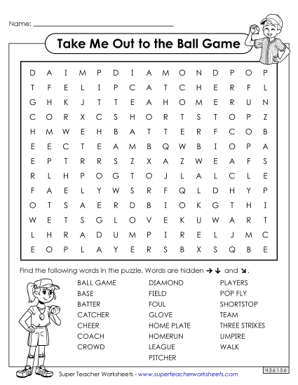 Puzzles & Crafts - Baseball Word Search (Intermediate) (Printable PDF Worksheet)