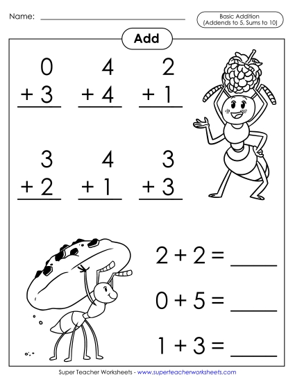 Math Fact Practice - Basic Addition Facts: Ants (Addends to 5; Sums to 10) (Printable PDF Worksheet)