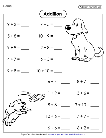 Math Fact Practice - Basic Addition Facts: Dogs (Horizontal) (Printable PDF Worksheet)