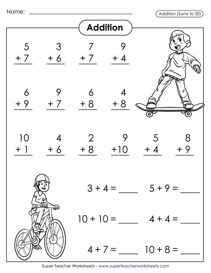 Math Fact Practice - Basic Addition Facts: Outdoor Sports (Printable PDF Worksheet)