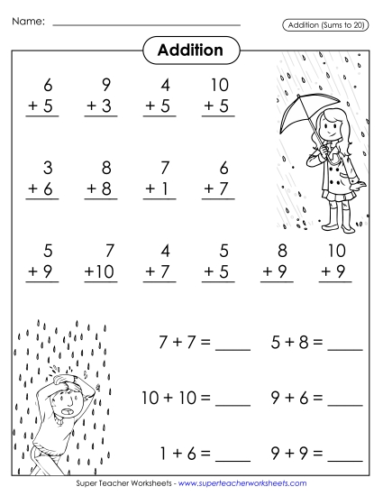 Math Fact Practice - Basic Addition Facts:  Rainy Day (Printable PDF Worksheet)