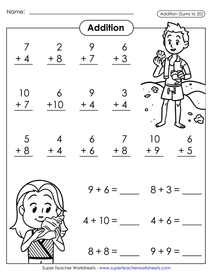 Math Fact Practice - Basic Addition Facts: Seashells  (Printable PDF Worksheet)