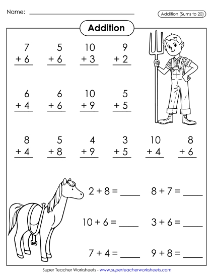 Addition & Subtraction - Basic Addition Facts (Sums to 20): Farm Theme (Printable PDF Worksheet)
