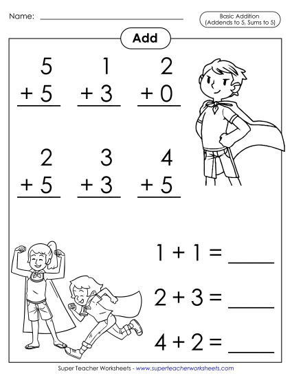 Math Fact Practice - Basic Addition Facts: Superheroes (Addends to 5; Sums to 5) (Printable PDF Worksheet)