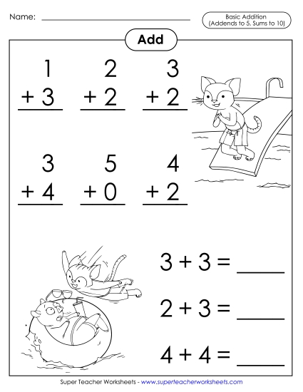 Summer Addition - Basic Addition Facts: Swim Cat (Printable PDF Worksheet)