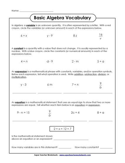 Expressions & Equations Mixed - Basic Algebra Vocabulary (Printable PDF Worksheet)