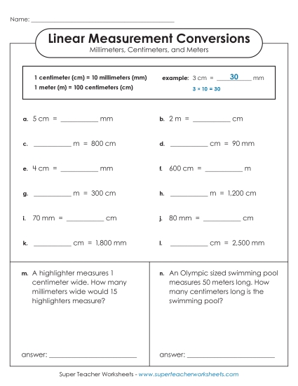 Mixed-Unit Measuring and Converting - Basic Conversions (mm, cm, m) (Printable PDF Worksheet)