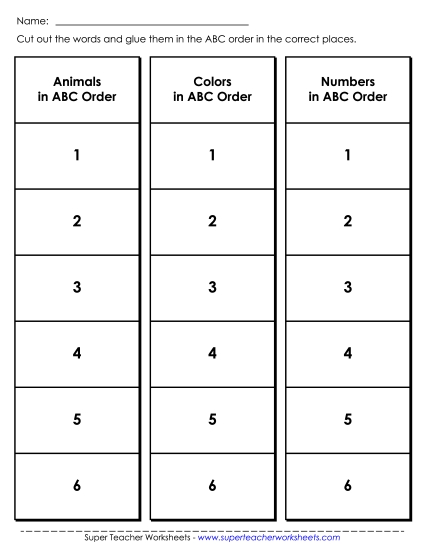 Basic ABC Order (First Letter Only) - Basic Cut-and-Glue Activity (Printable PDF Worksheet)