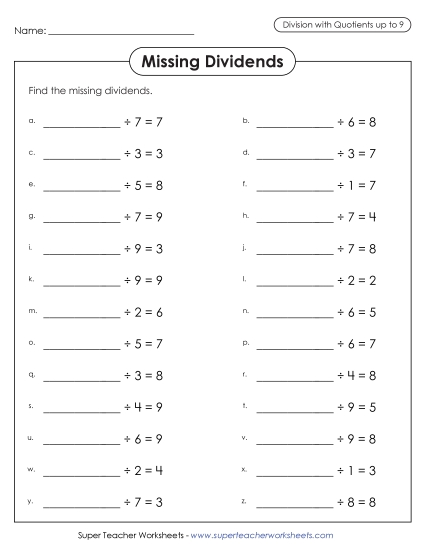 Worksheets - Basic Division : Missing Dividends (Printable PDF Worksheet)