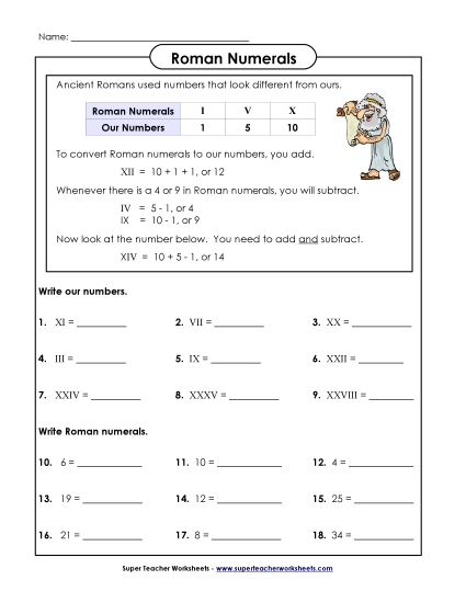 Basic (I through X) - Basic Roman Numerals (Printable PDF Worksheet)