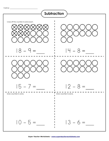 Concept Worksheets - Basic Subtraction - Counters (Printable PDF Worksheet)