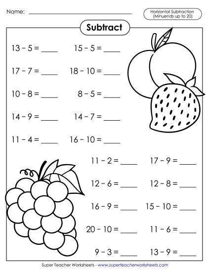 Subtraction Fact Practice  - Basic Subtraction Facts: Fruit (Horizontal) (Printable PDF Worksheet)