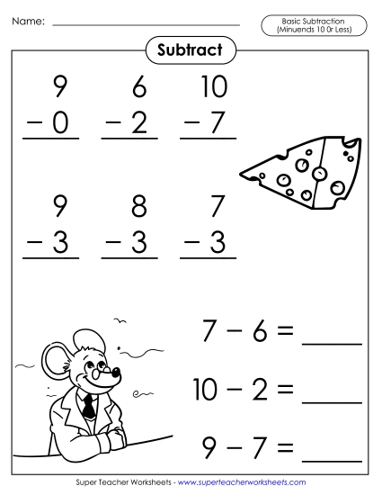 Subtraction Fact Practice - Basic Subtraction Facts: Mouse (Minuends 10 or Less) (Printable PDF Worksheet)