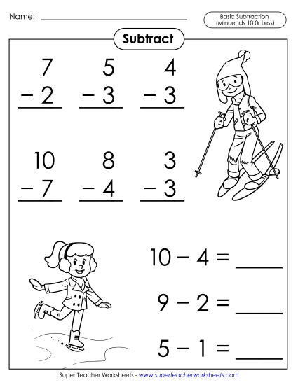 Subtraction Fact Practice - Basic Subtraction Facts: Winter Sports (Minuends 10 or Less) (Printable PDF Worksheet)