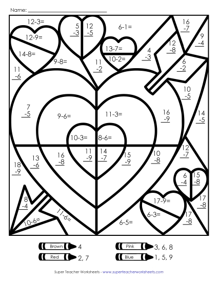 Valentine Subtraction - Basic Subtraction: Valentine Mystery Picture (Printable PDF Worksheet)