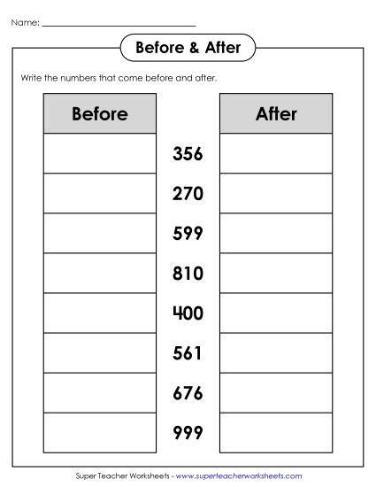 Counting: 3-Digit Numbers - Before & After (3-Digit) (Printable PDF Worksheet)