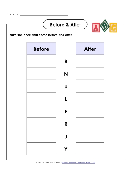 Alphabet Patterns - Before and After (Upper-Case) (Printable PDF Worksheet)