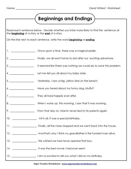 More Reading Printables - Beginning or Ending (Printable PDF Worksheet)