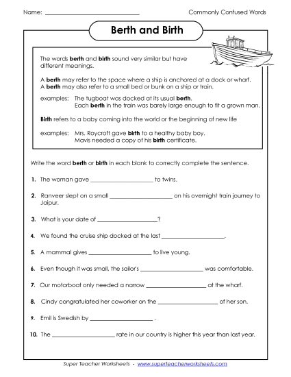 Berth and Birth  (Printable PDF Worksheet)