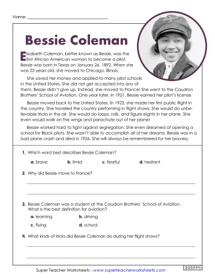 Reading Comprehension - Bessie Coleman (Short Passage) (Printable PDF Worksheet)