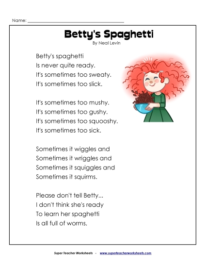 3rd Grade Poems - Betty's Spaghetti (Printable PDF Worksheet)