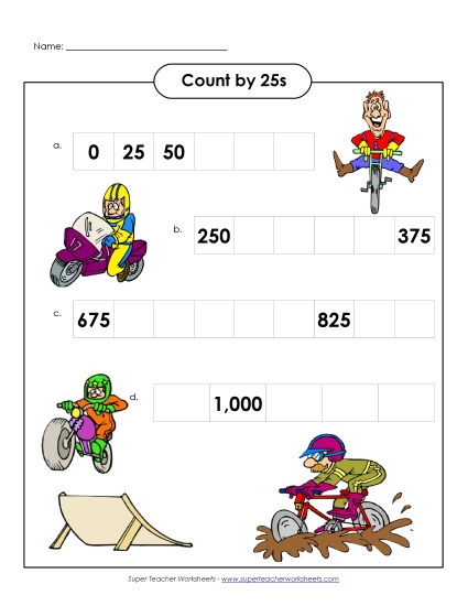Bikers - Count by 25s (Printable PDF Worksheet)