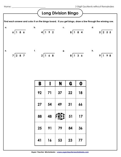 3-Digit Dividends - Bingo:  3-Digit Dividends (No Remainders) (Printable PDF Worksheet)