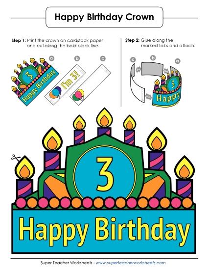Birthday Crowns - Birthday Crown: Age 3 (Full Color) (Printable PDF Worksheet)