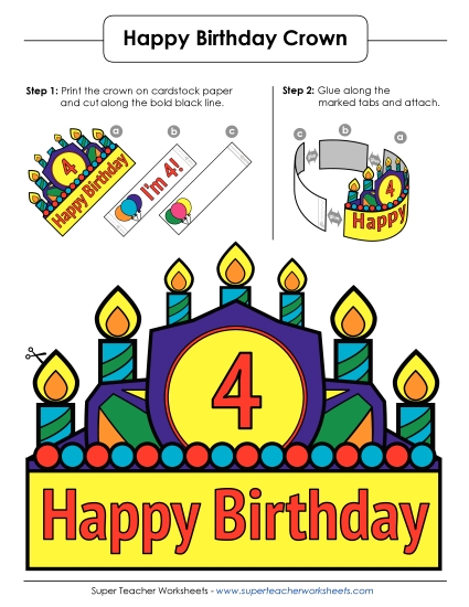 Birthday Crowns - Birthday Crown: Age 4 (Full Color) (Printable PDF Worksheet)