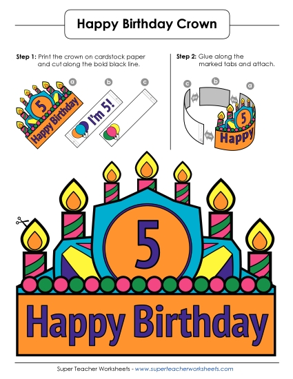 Birthday Crowns - Birthday Crown: Age 5 (Full Color) (Printable PDF Worksheet)