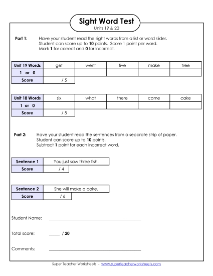 Sight Word Tests - Biweekly Reading Test (Units 19 & 20)  (Printable PDF Worksheet)