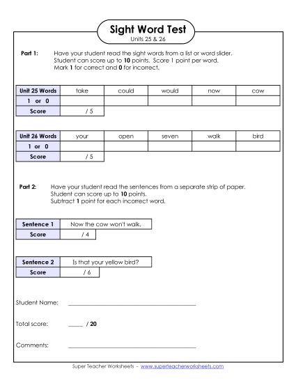 Sight Word Tests - Biweekly Reading Test (Units 25 & 26)  (Printable PDF Worksheet)