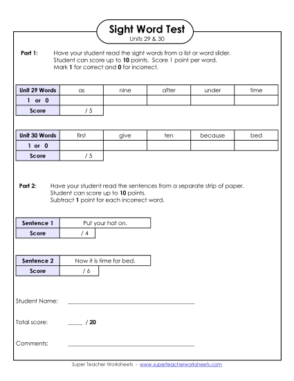 Sight Word Tests - Biweekly Reading Test (Units 29 & 30)  (Printable PDF Worksheet)