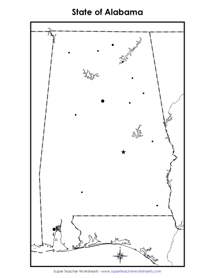 Maps - Blank Alabama Map with City Dots (Printable PDF Worksheet)
