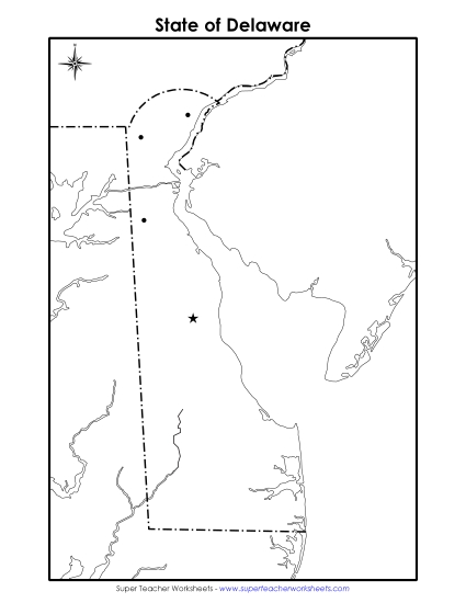 Maps - Blank Delaware Map with City Dots (Printable PDF Worksheet)