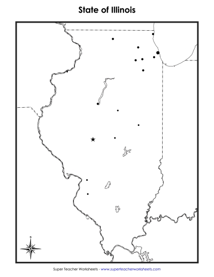 Maps - Blank Illinois Map with City Dots (Printable PDF Worksheet)