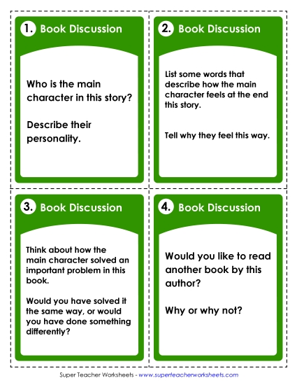 More Reading Printables - Book Discussion Task Cards (Printable PDF Worksheet)