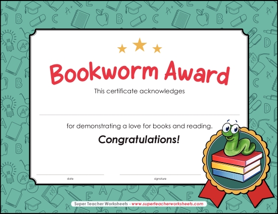 Reading & Writing Awards - Bookworm Award (Printable PDF Worksheet)