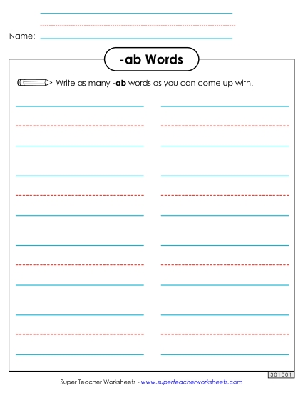 Worksheets - Brainstorm and Write (-ab Words) (Printable PDF Worksheet)