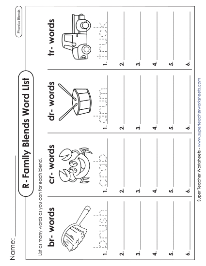 Worksheets - Brainstorm R-Family Blends (Printable PDF Worksheet)