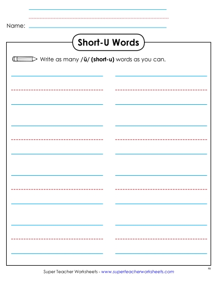 Worksheets - Brainstorm Short U Words (Printable PDF Worksheet)