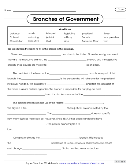 Worksheets - Branches of Government Cloze Activity (Printable PDF Worksheet)