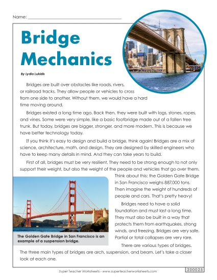 Nonfiction Articles - Bridge Mechanics  (Printable PDF Worksheet)