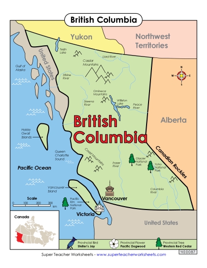 Maps - British Columbia Map (Full Colour) (Printable PDF Worksheet)